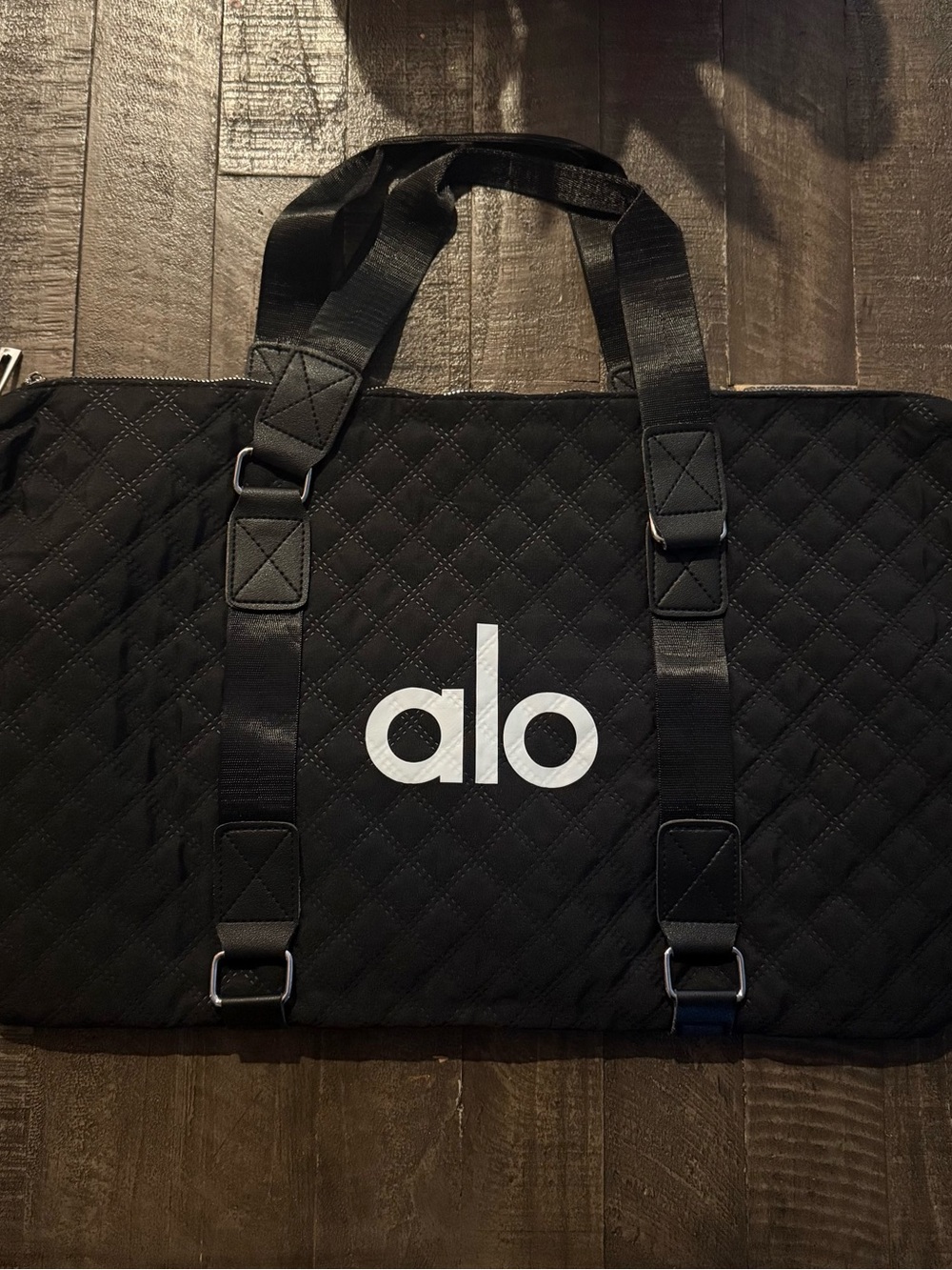 ALO Yoga Black Quilted Duffel Bag with White Logo